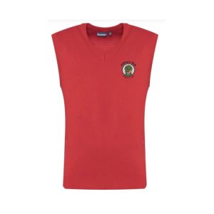 red knit tank top with emboirered logo for aultmore primary school