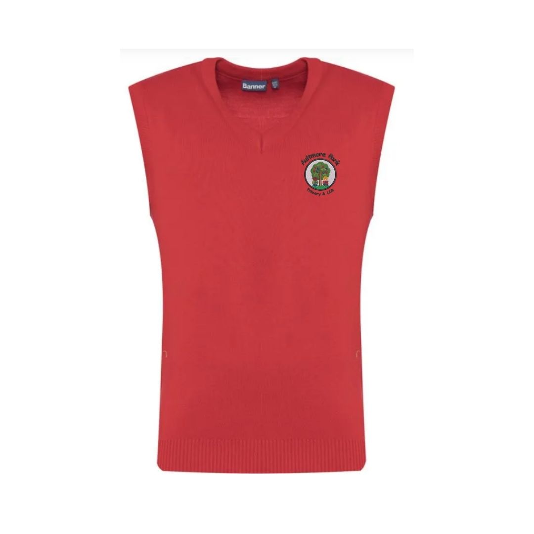 red knit tank top with emboirered logo for aultmore primary school
