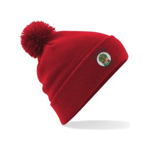 Red beanie with pom pom on top with school logo embroidered in front.